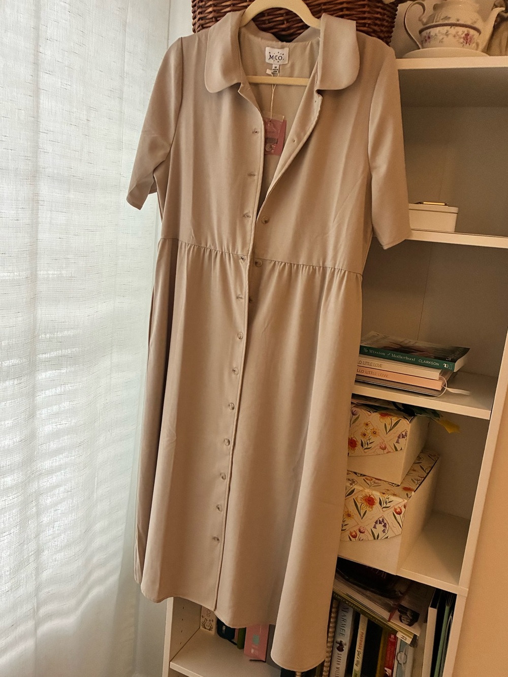 Neutral Beige Midi Button-Front Dress